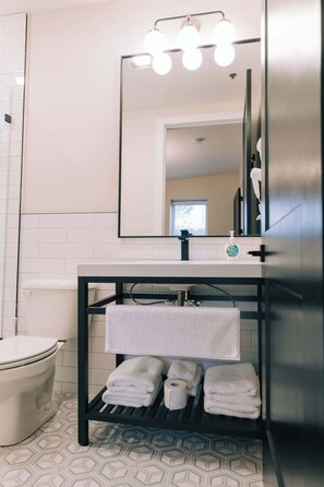 Shower, hair dryer, towels - 1 Bedroom Suite, King Bed (Frankfort)