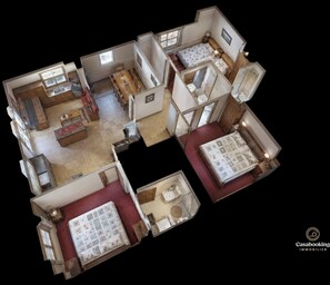 A 3-bedroom, 2-bathroom apartment with a kitchen, dining area, and a small balcony.