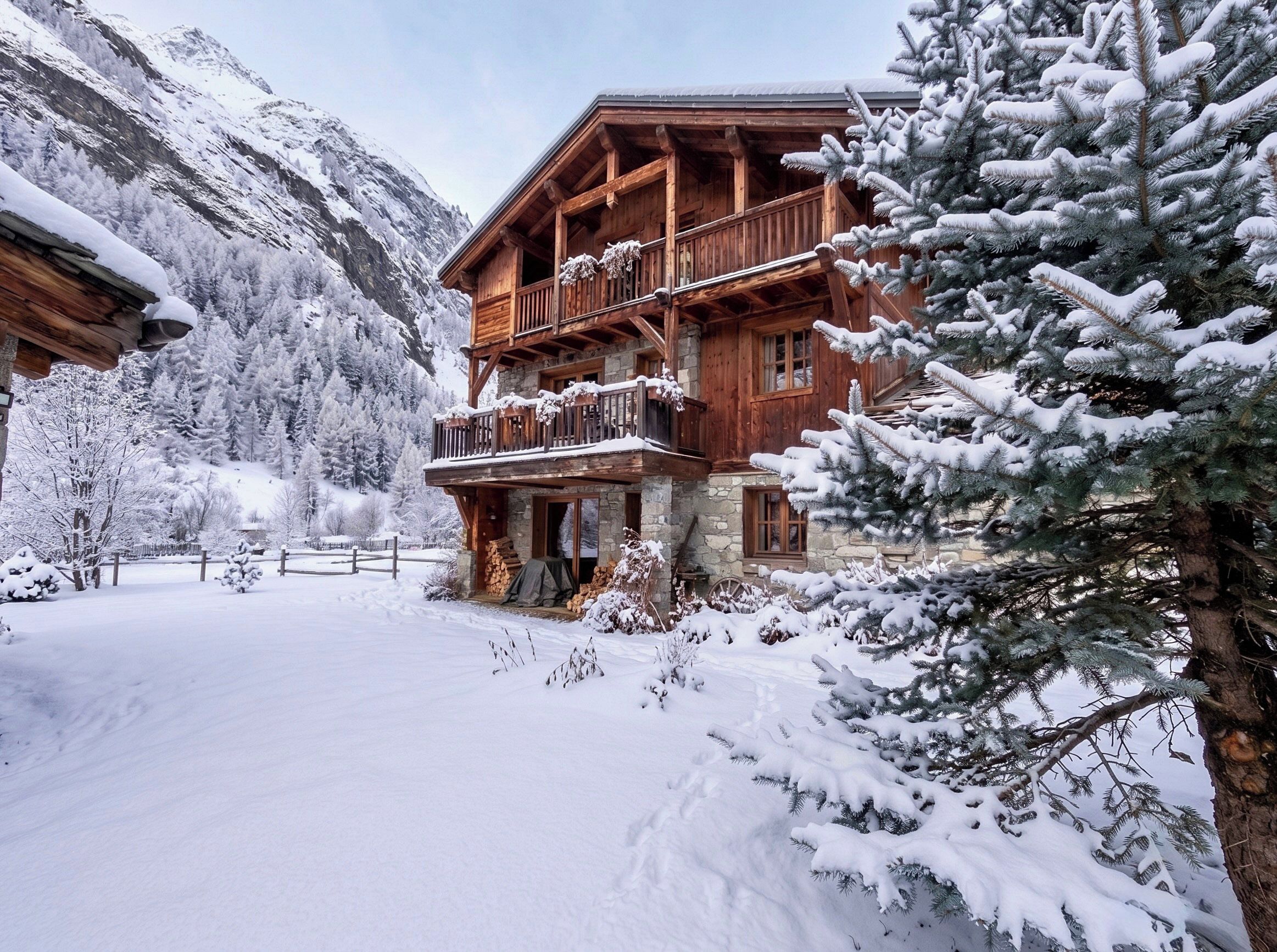 Un chalet en bois doté d’un balcon, entouré d’arbres et de montagnes couverts de neige.