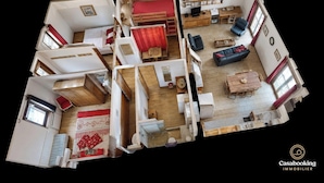 Disposizione di un appartamento con più stanze, che include un soggiorno, una cucina e una sala da pranzo.