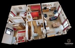 Distribución de un apartamento con varias habitaciones, que incluye una sala de estar, cocina y comedor.