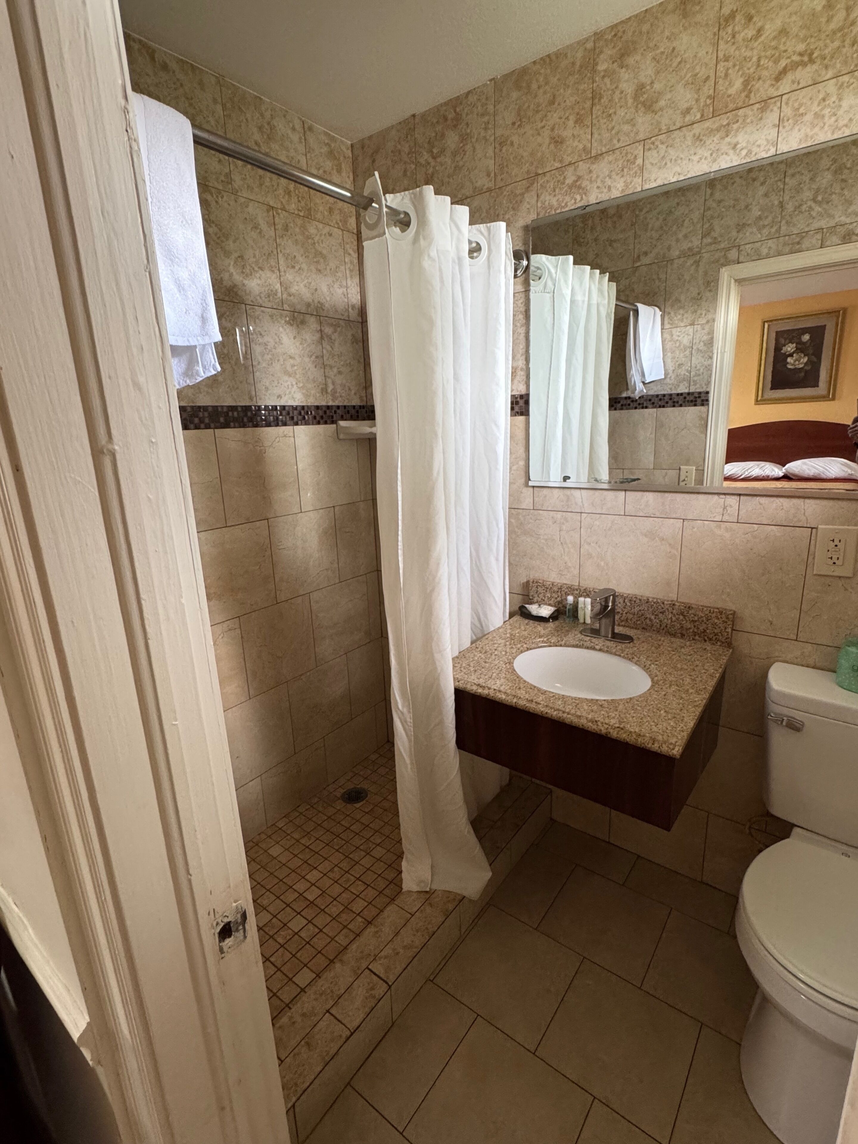 Tweepersoonskamer, 2 tweepersoonsbedden | Badkamer | Een douche, een haardroger, handdoeken, zeep