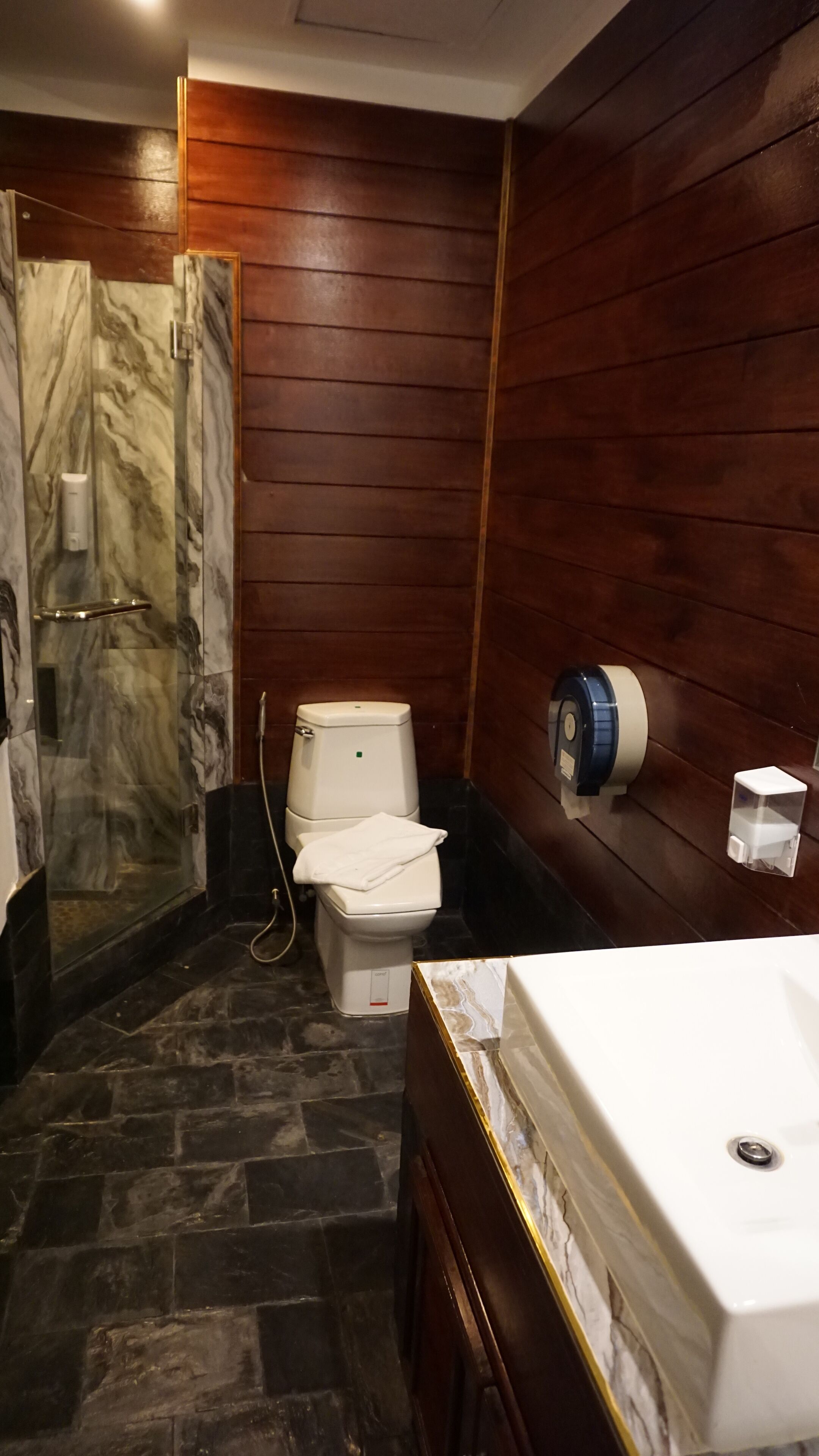 A bathroom with a marble shower, a toilet, and a sink with a marble countertop.
