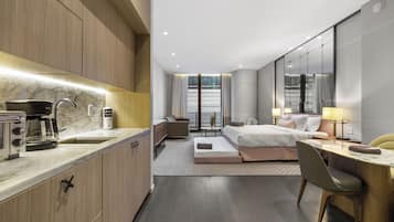 Luxury Studio Suite, Multiple Beds, Balcony, City View | Private kitchenette | Oven, coffee/tea maker, toaster, blender
