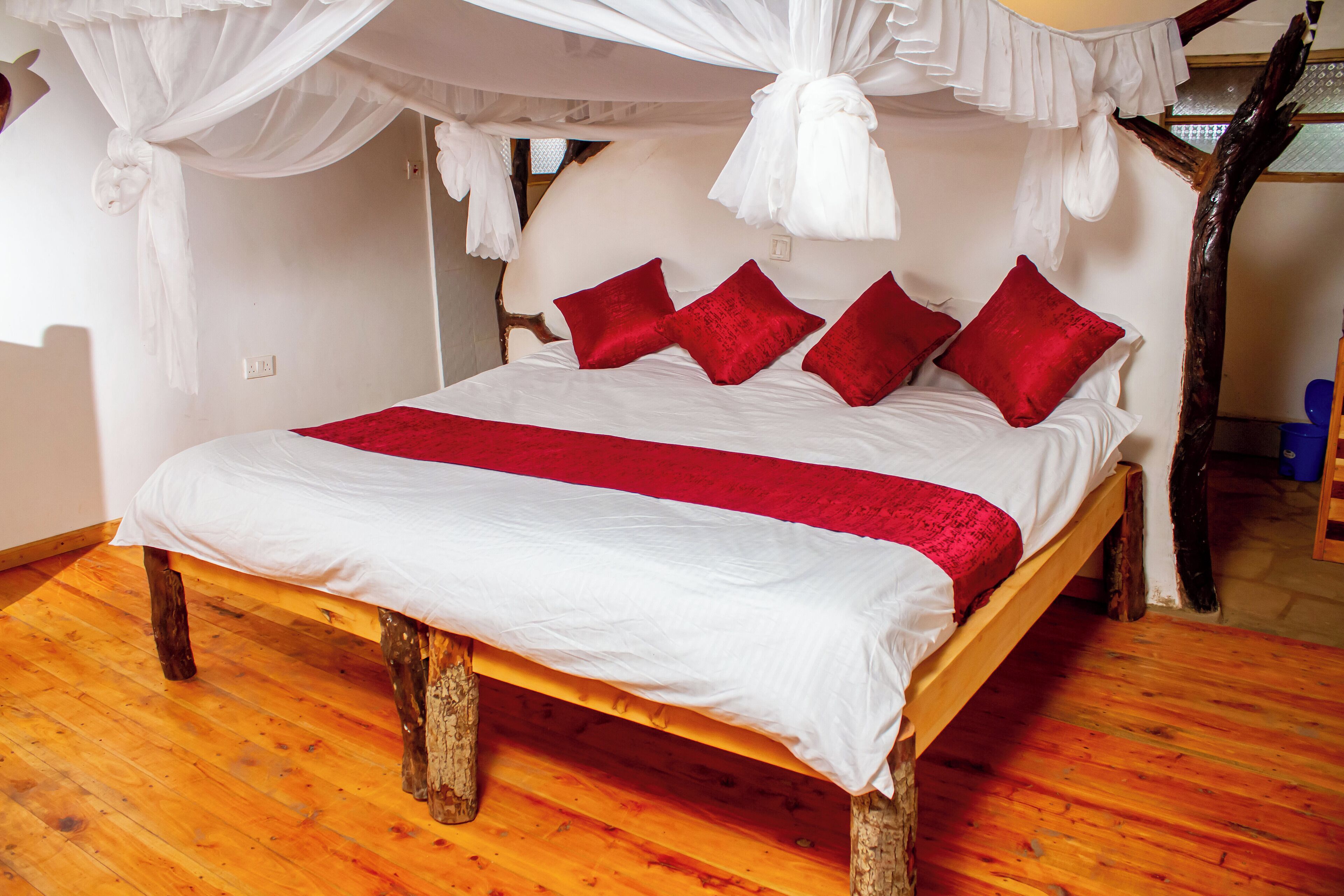 A bed with a canopy, red pillows, and a white bedspread in a room with wooden flooring.