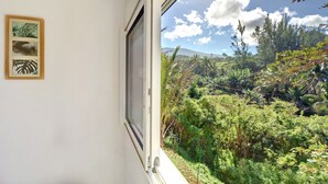 Une fenêtre donnant sur un jardin luxuriant et sur une montagne qui se profile à l’horizon.