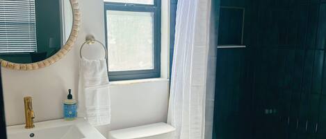 Hair dryer, towels, soap, shampoo