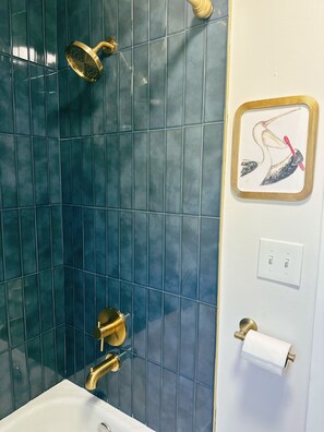Hair dryer, towels, soap, shampoo