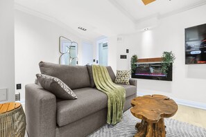 TV connectée, cheminée, livres, chaîne hi-fi