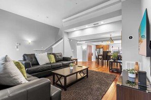 TV, fireplace, books, offices