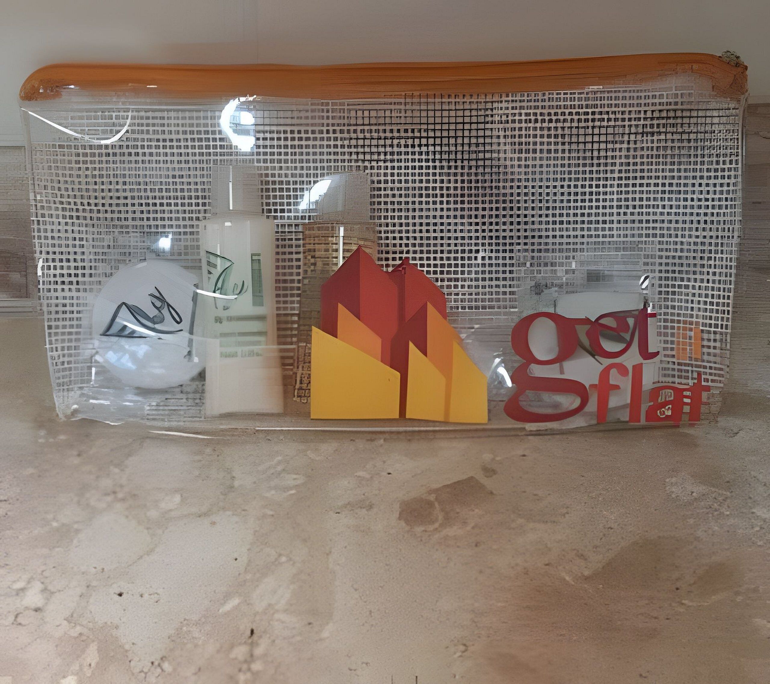 A plastic bag containing a bottle, a card with a geometric design, and a card with red text.