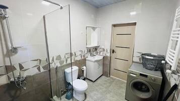 Hair dryer, towels, soap, shampoo