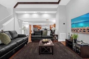 Télévision, cheminée, livres, espaces bureaux