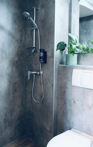 A modern bathroom with a shower, a potted plant, and a white bathtub. - FREVOR Alte Wassermühle (Lenzen)