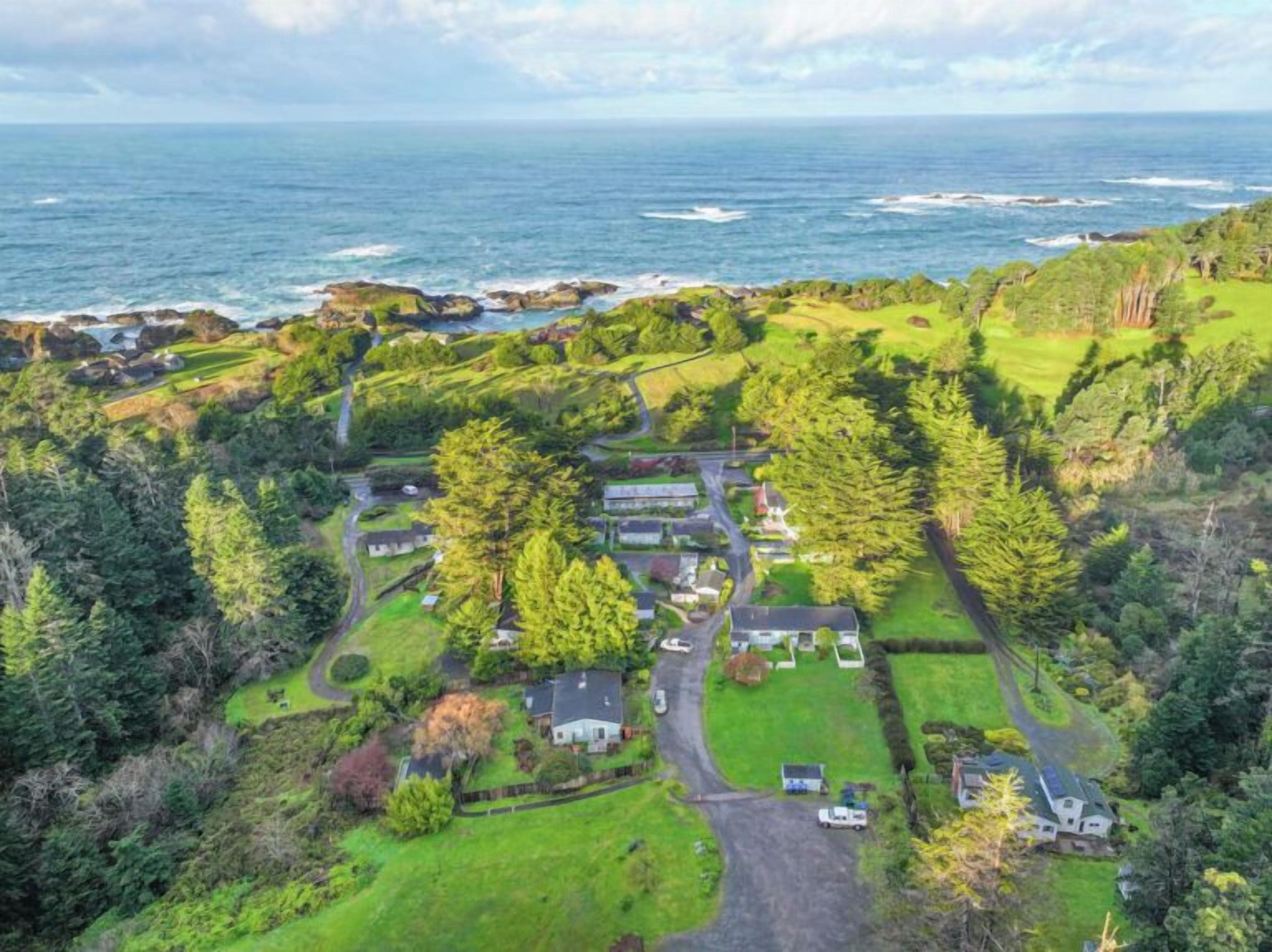 An aerial view of a coastal property with a road, houses, and surrounding greenery.