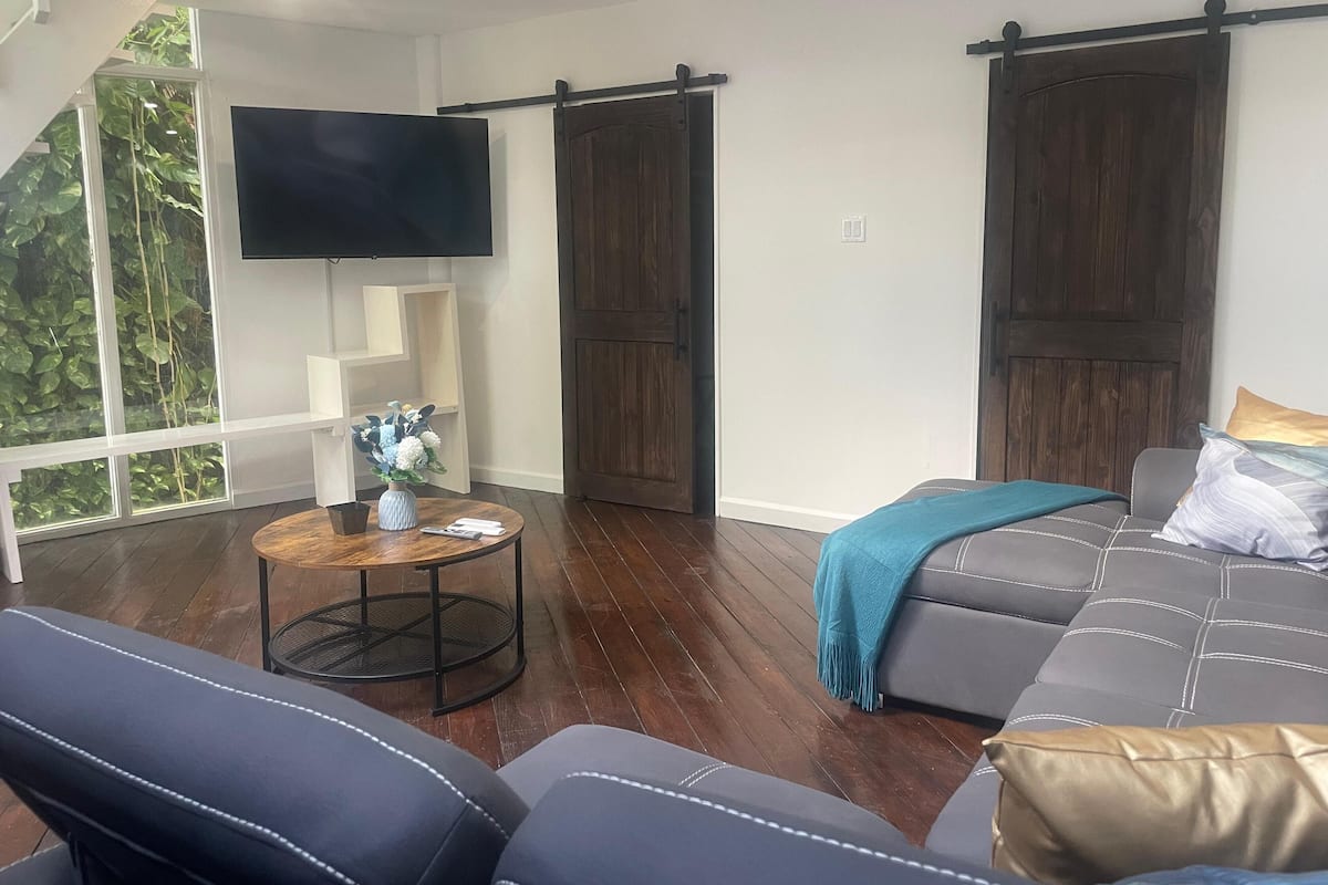 Una sala de estar moderna con un sofá, una mesa de centro y un televisor montado en la pared. Hay puertas corredizas y se ve follaje verde al exterior.