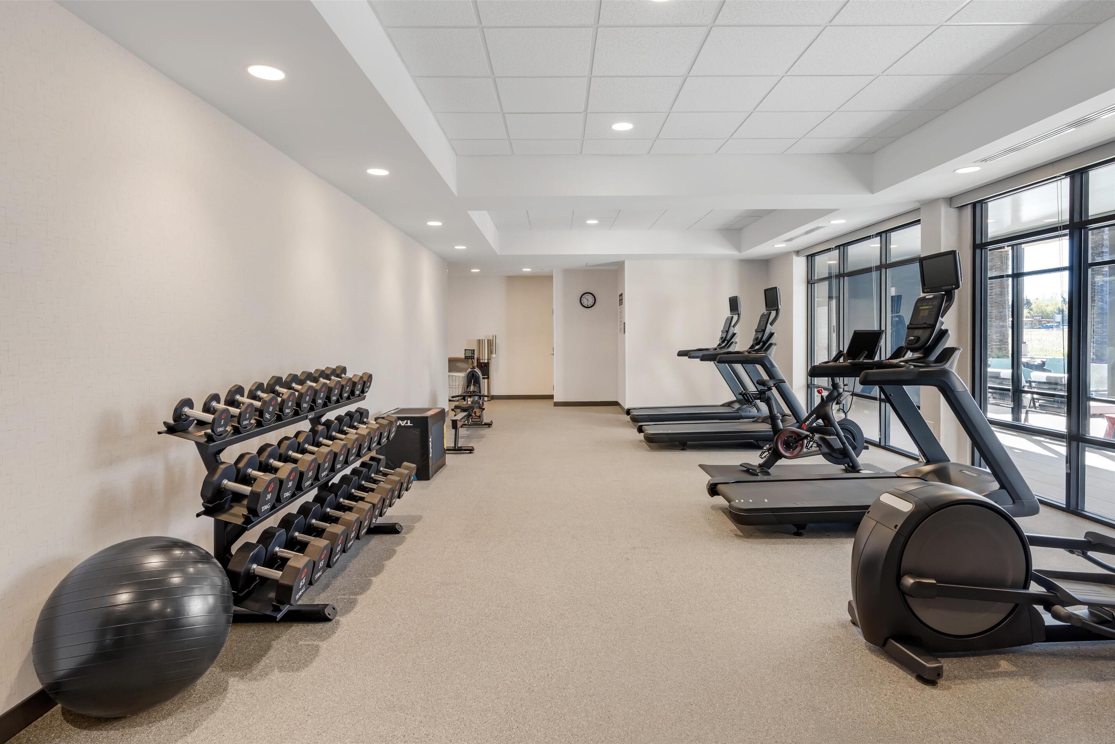 Ett gym med löpband, hantlar och träningsbollar.
