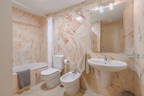 Shower, hair dryer, bidet, towels