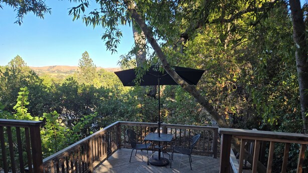 Une terrasse en bois avec une table et des chaises, entourée d’arbres et offrant une vue sur le paysage.