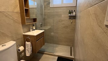 Ducha, secador de pelo, toallas, jabón