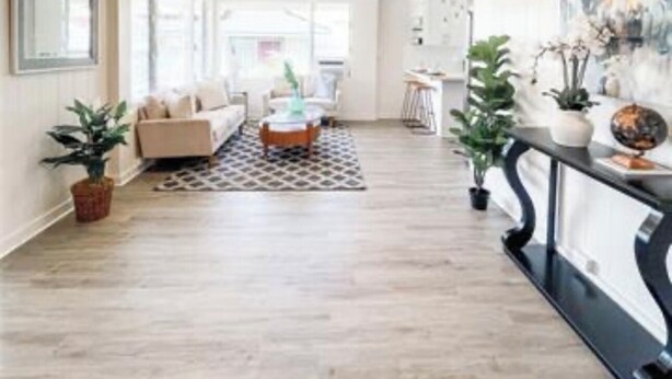 A spacious living area with a sofa, coffee table, and potted plants.
