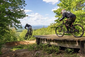 A mountain biking trail with wooden platforms and a scenic view of mountains and greenery. - CasaSOL: Stylish Mountain Cabin with Game Room, Trails and Fire Pit Nights (Basye)