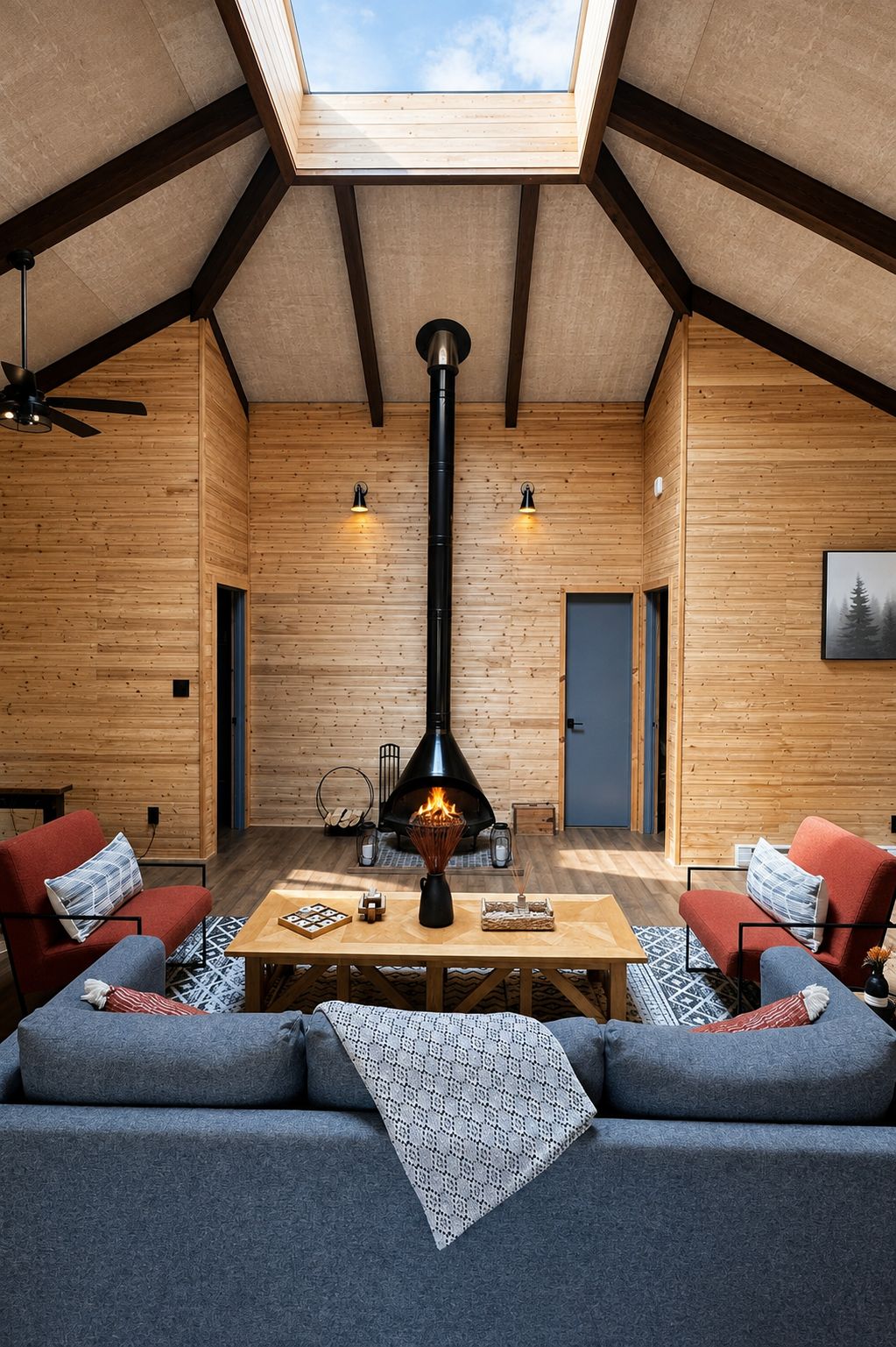 Een gezellig interieur met een hoge plafond, houten wanden, een centraal gelegen open haard en zithoeken.