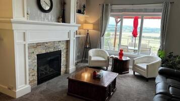 Smart TV, lareira, livros