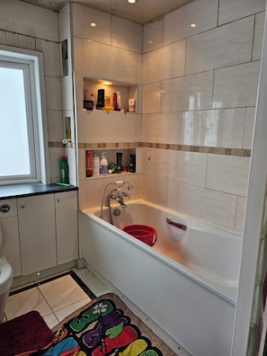 Hair dryer, towels, soap, toilet paper