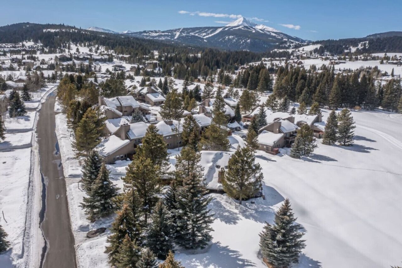 Un villaggio innevato con case e un fiume.