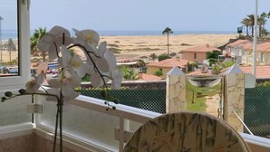 A balcony with a view of a beach, palm trees, and houses.