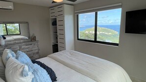 A bedroom with a bed, a ceiling fan, a window with a view, and a TV on the wall.
