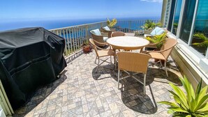 A covered outdoor patio with a round table and chairs, potted plants, and a view of the ocean.