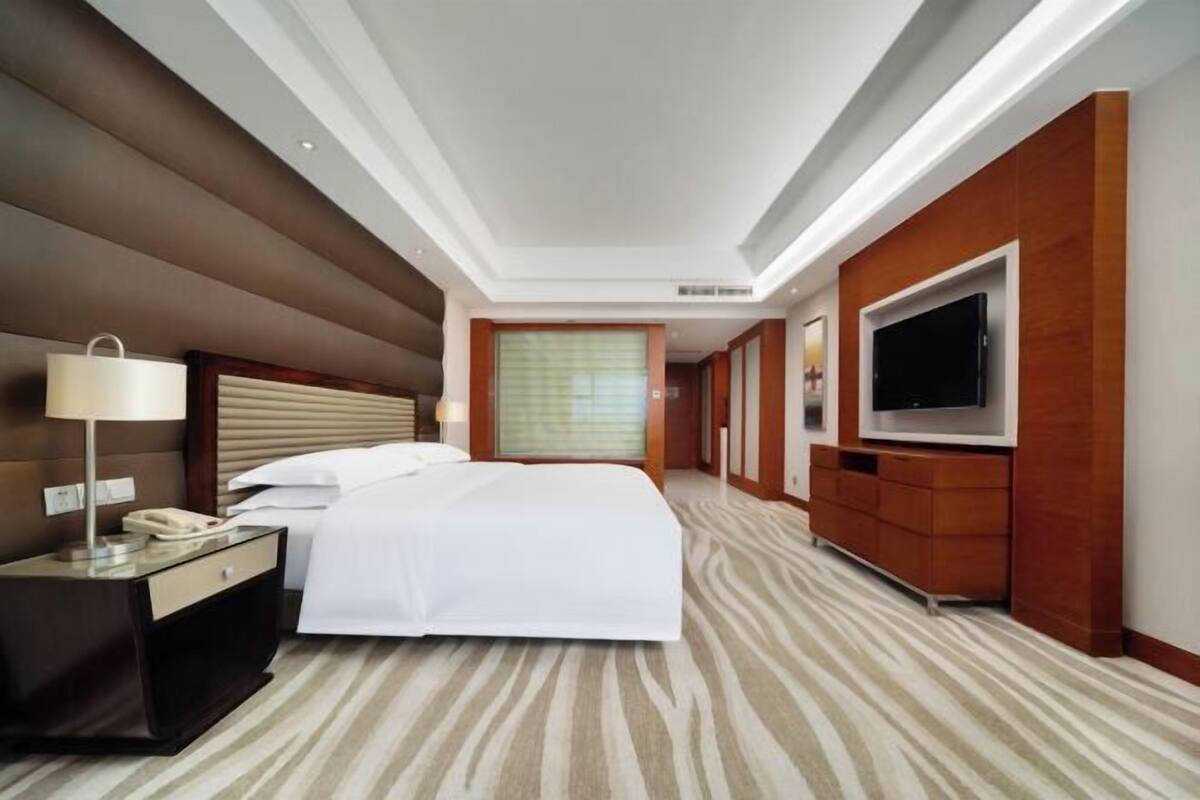 Habitación de hotel con cama, mesita de noche, lámpara, televisor y alfombra estampada.