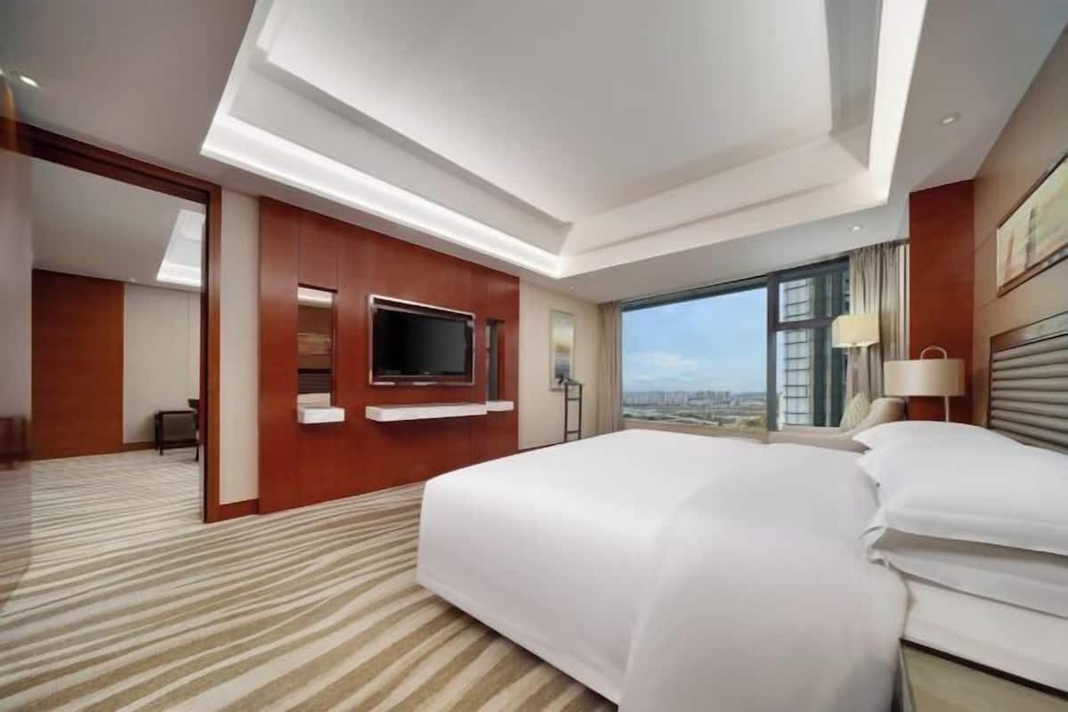 Una habitación de hotel moderna con una cama grande, un televisor de pantalla plana montado en la pared, vistas a la ciudad y un tragaluz.