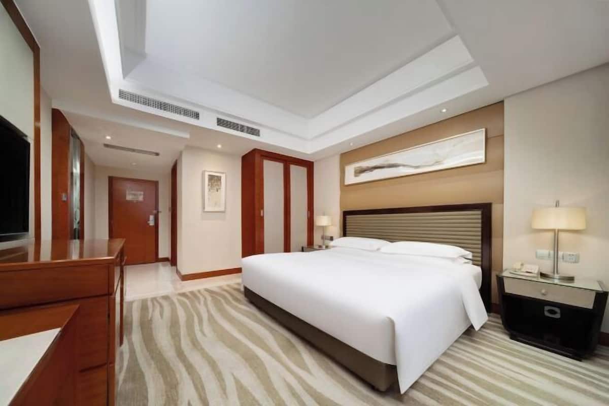 Habitación de hotel con una cama grande, un escritorio, un televisor, una mesita de noche y un cuadro en la pared.