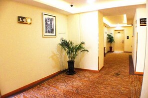 A hotel hallway with a patterned carpet, a potted plant, and a framed picture on the wall. - Super 8 Shanghai Dongjing Huanlegu Dongye Road (Shanghai)