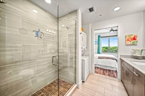 Shower, hair dryer, towels