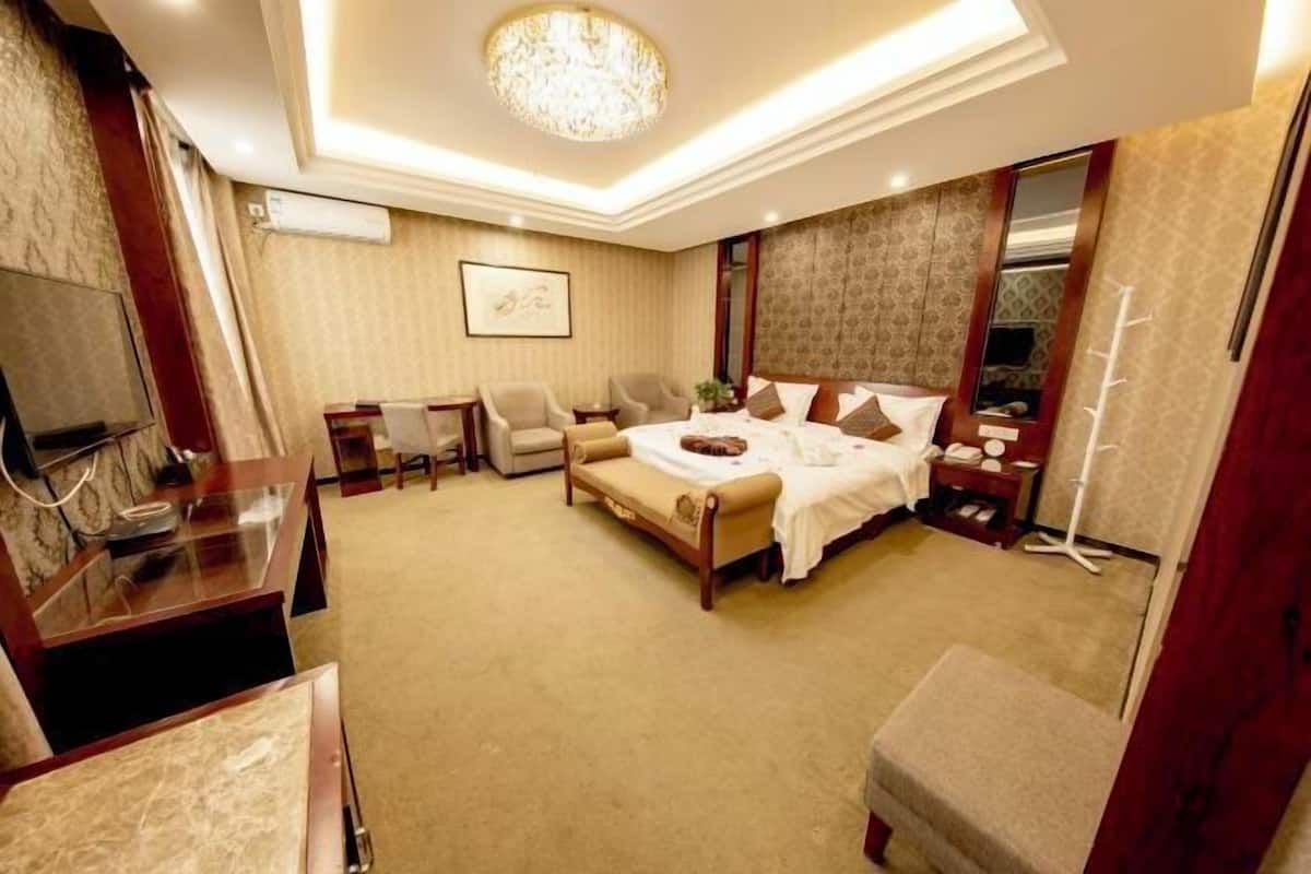 Amplia habitación de hotel con una cama grande, un escritorio con silla, televisor y armario.