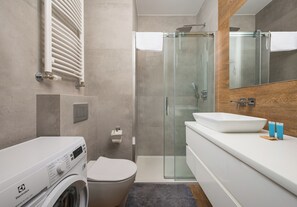 Shower, free toiletries, hair dryer, towels
