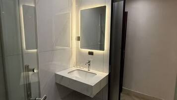 A modern bathroom with a glass shower enclosure, a white sink, and a mirror.