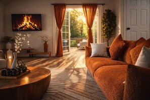 Smart TV, fireplace, table football, books