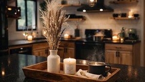 Un comptoir de cuisine sur lequel se trouve un plateau contenant un vase de plantes séchées, une bougie allumée et une casserole sur la cuisinière.