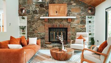 Smart TV, fireplace, foosball, books