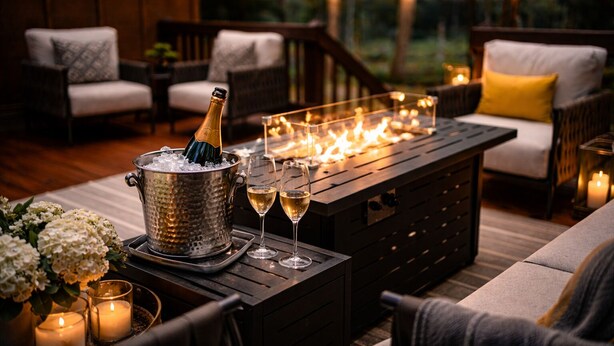Un espace extérieur aménagé avec une table en bois, des chaises, une bouteille de champagne, des verres, des bougies et des guirlandes lumineuses.