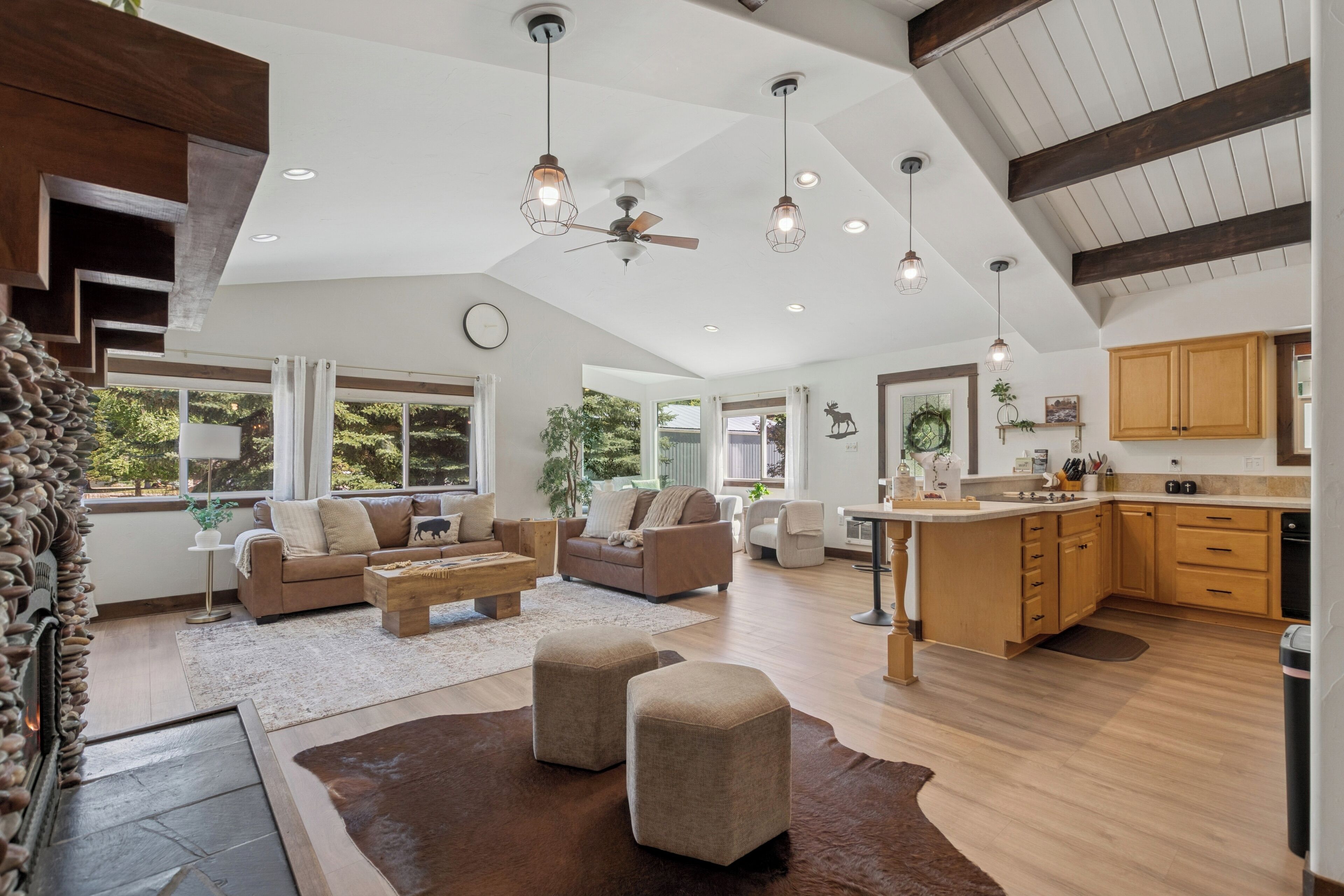 Smart TV, fireplace, foosball, books