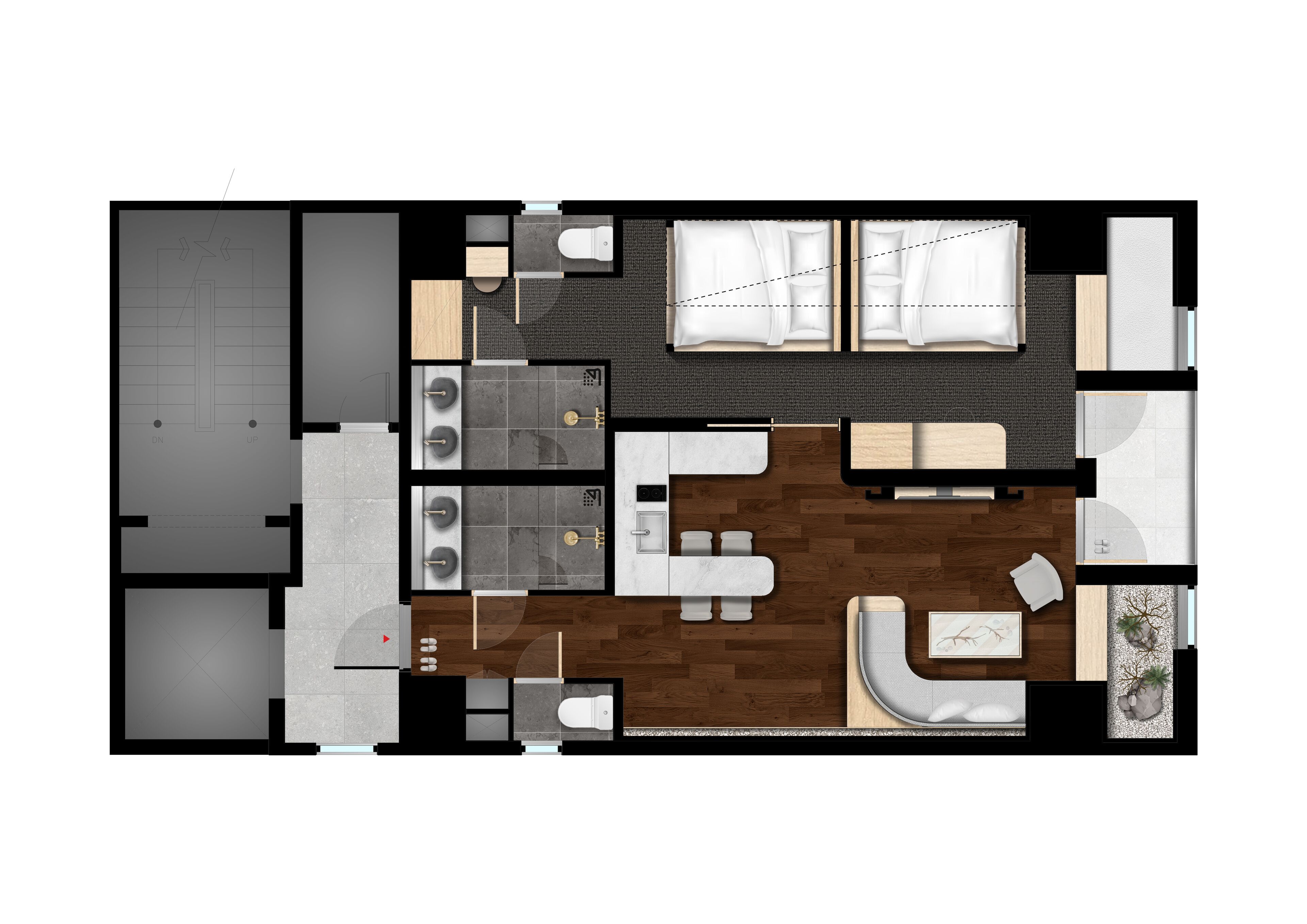 A floor plan of a hotel room with a kitchenette, a bathroom, a seating area with a sofa and a small table, and a window with curtains.