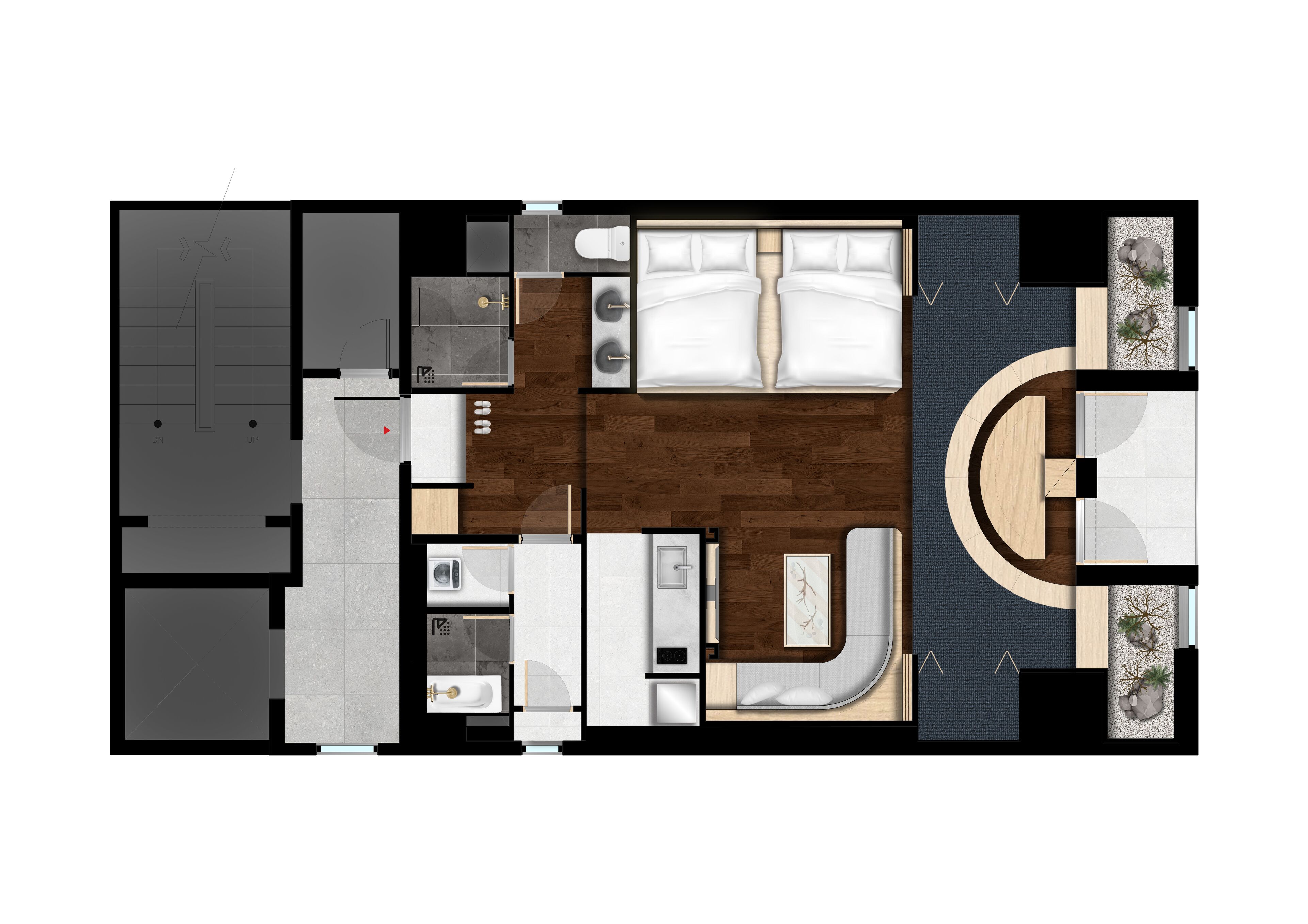 A hotel room layout with a bed, a sitting area, a bathroom, and a small balcony.