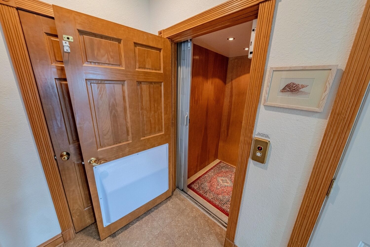 An elevator with a red carpet, a wooden door with a white panel, and a framed picture on the wall.