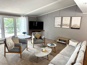 Smart TV, chimenea y estéreo 